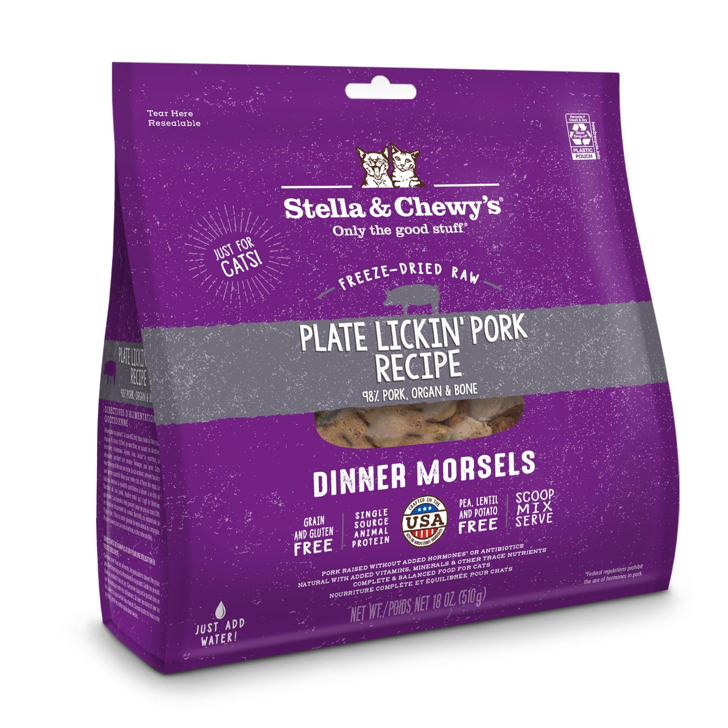 Stella & Chewy's Freeze-Dried Raw Cat Dinner Morsels – Grain Free, Protein Rich Cat & Kitten Food – Plate Lickin' Pork Recipe – 18 oz Bag