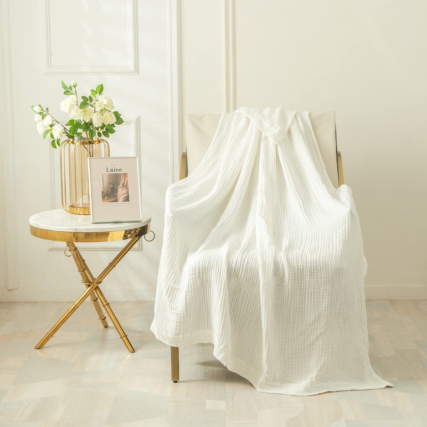 EMME Cotton Blanket Queen Size for Bed Soft Large Muslin Bed Bedspread 80"x90" Lightweight Breathable White Blanket All Season Gauze Blanket, White