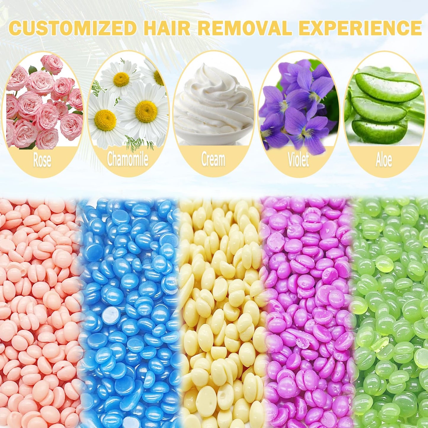 Wax Beads for Hair Removal - 5 * 100g/17.6 oz Wax Beads Waxing at Home for Sensitive Skin Women - Hard Wax Beads with 20 sticks, Bikini Brazilian Body Face Wax