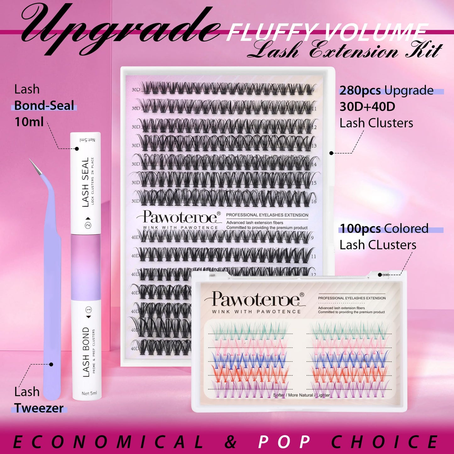 Pawotence DIY Lash Extension Kit 380pcs Individual Lash Clusters Eyelash Extension Kit 40D Curl Cluster Lashes Colored with Lash Bond and Seal and Lash Applicator (380PCS WITH COLOR)