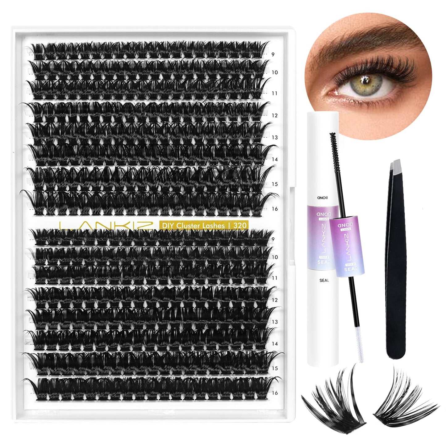 LANKIZ Lash Extension Kit, 60+80D Lash Clusters Kit, 312pcs Individual Lashes with Lash Bond & Seal, 9-16mm DIY Eyelash Extension Kit for Beginners, Wispy Lash Kit at Home