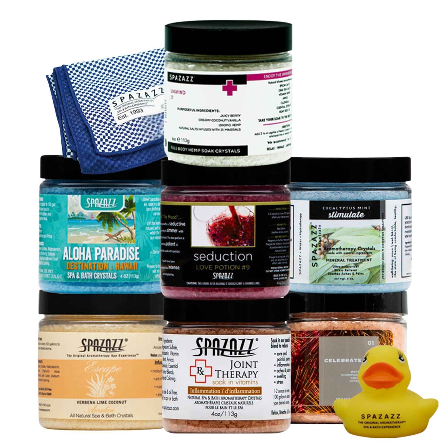 Spazazz Hot Tub Aromatherapy Gift Bundle- Seven- 4 Oz Spazazz Hot Tub Aromatherapy Bath Salt Crystals Sampler Jars Plus Hot/Cold Towel and Rubber Duck - Seven Distinct Scents of Bath and Spa Salts