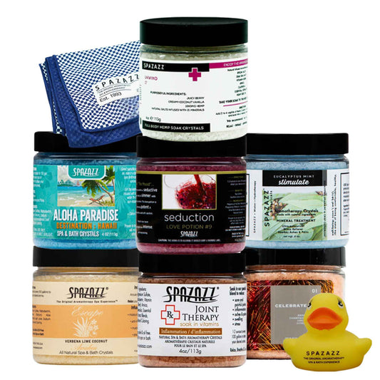 Spazazz Hot Tub Aromatherapy Gift Bundle- Seven- 4 Oz Spazazz Hot Tub Aromatherapy Bath Salt Crystals Sampler Jars Plus Hot/Cold Towel and Rubber Duck - Seven Distinct Scents of Bath and Spa Salts