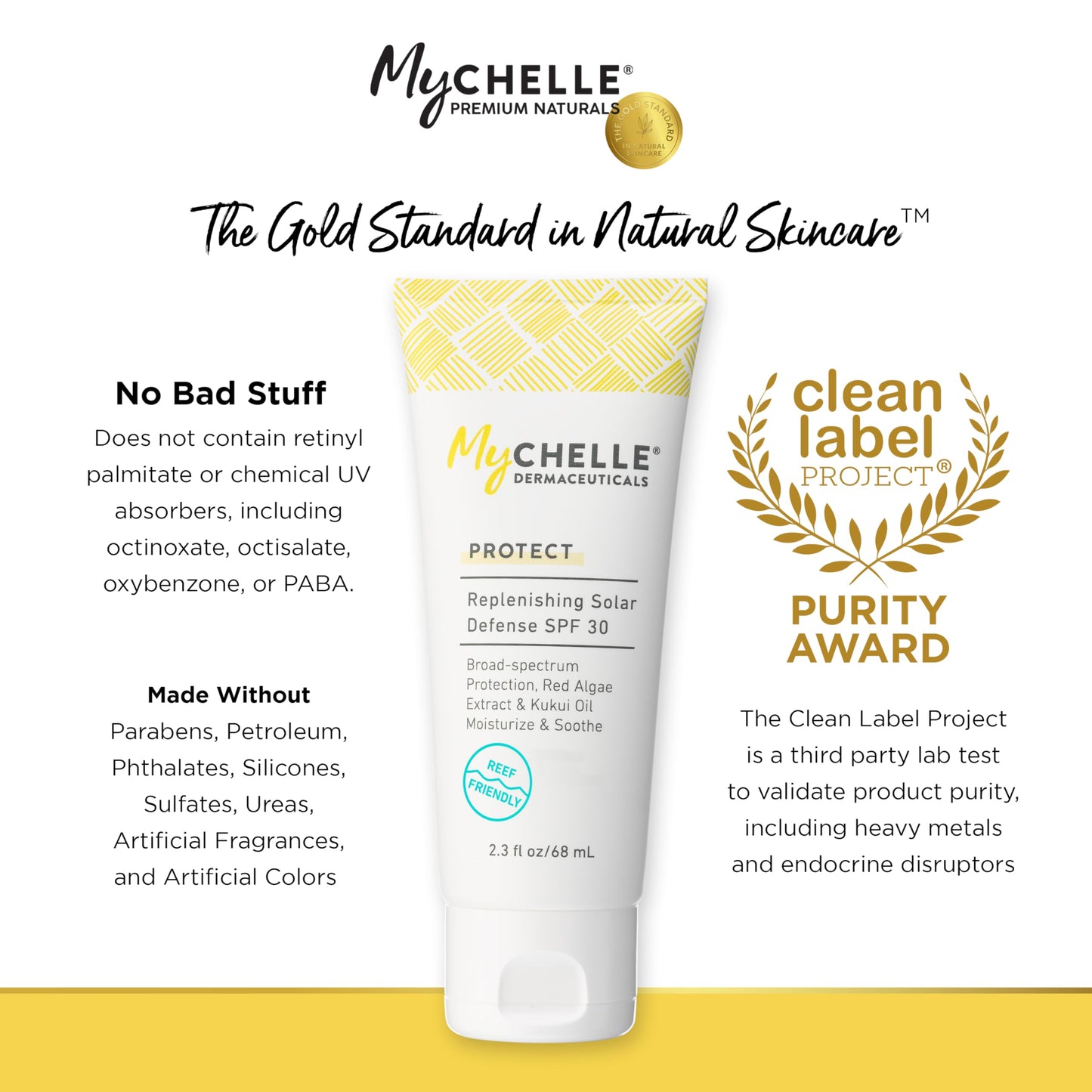 MyCHELLE Dermaceuticals Solar Defense SPF 30 (2.3 Fl Oz) - Moisturizing Reef Safe Sunscreen with Red Algae Extract and Kukui Oil - Travel Size Zinc Sunscreen for Face and Body