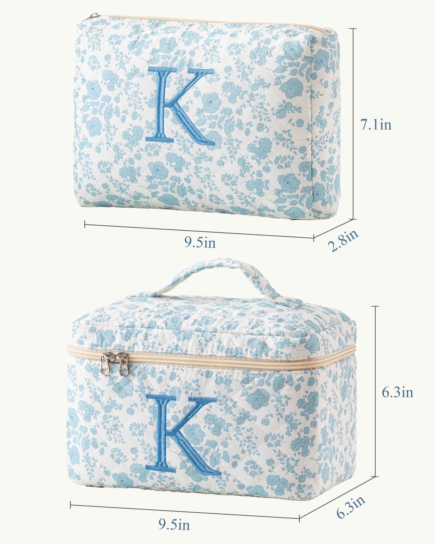 HBselect 2Pcs Initial Quilted Cotton Large Travel Cute Floral Coquette Makeup Cosmetic Toiletry Bag for Women Girls