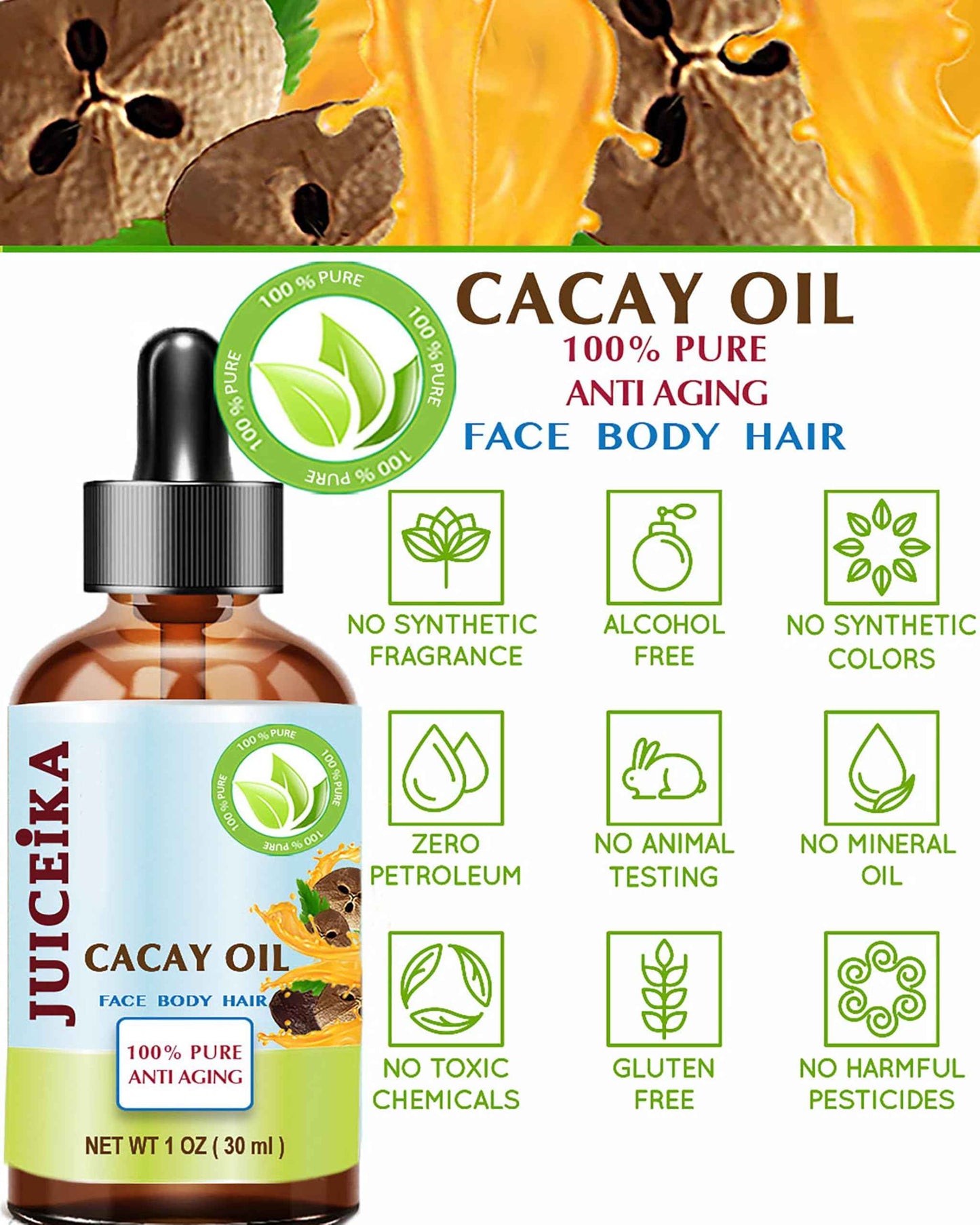 Juiceika CACAY OIL 100% Pure Natural Virgin Unrefined Cold-Pressed Carrier Oil 1 Fl oz 30 ml For Face, Skin, Body, Hair, Lip, Nails