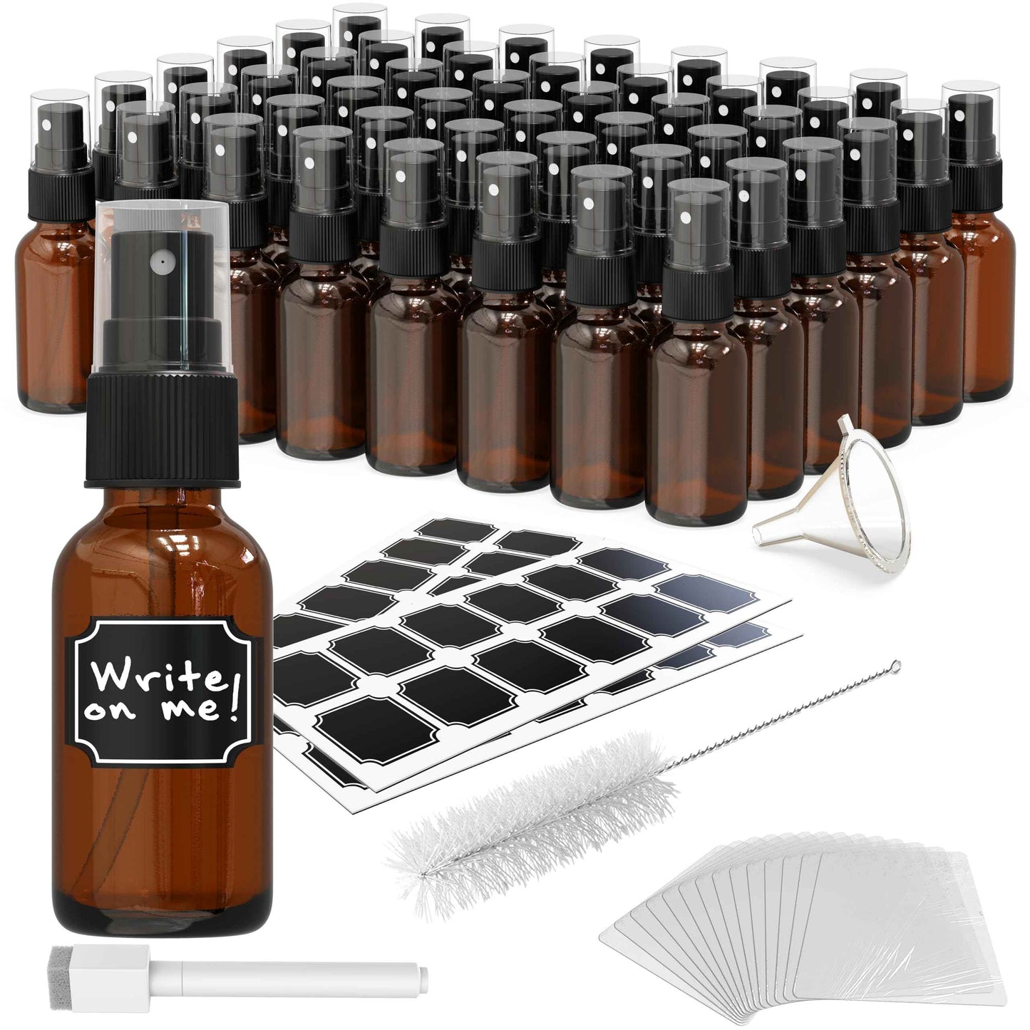 Nevlers Amber Glass Spray Bottles Small 1 Oz 48 PK | Mini Spray Bottle Set w/Amber Bottles, Shrink Wrap, Labels, Marker, Funnel & Brush | Travel Size Mist Bottle For Use as Oil Mister & Hair Mister