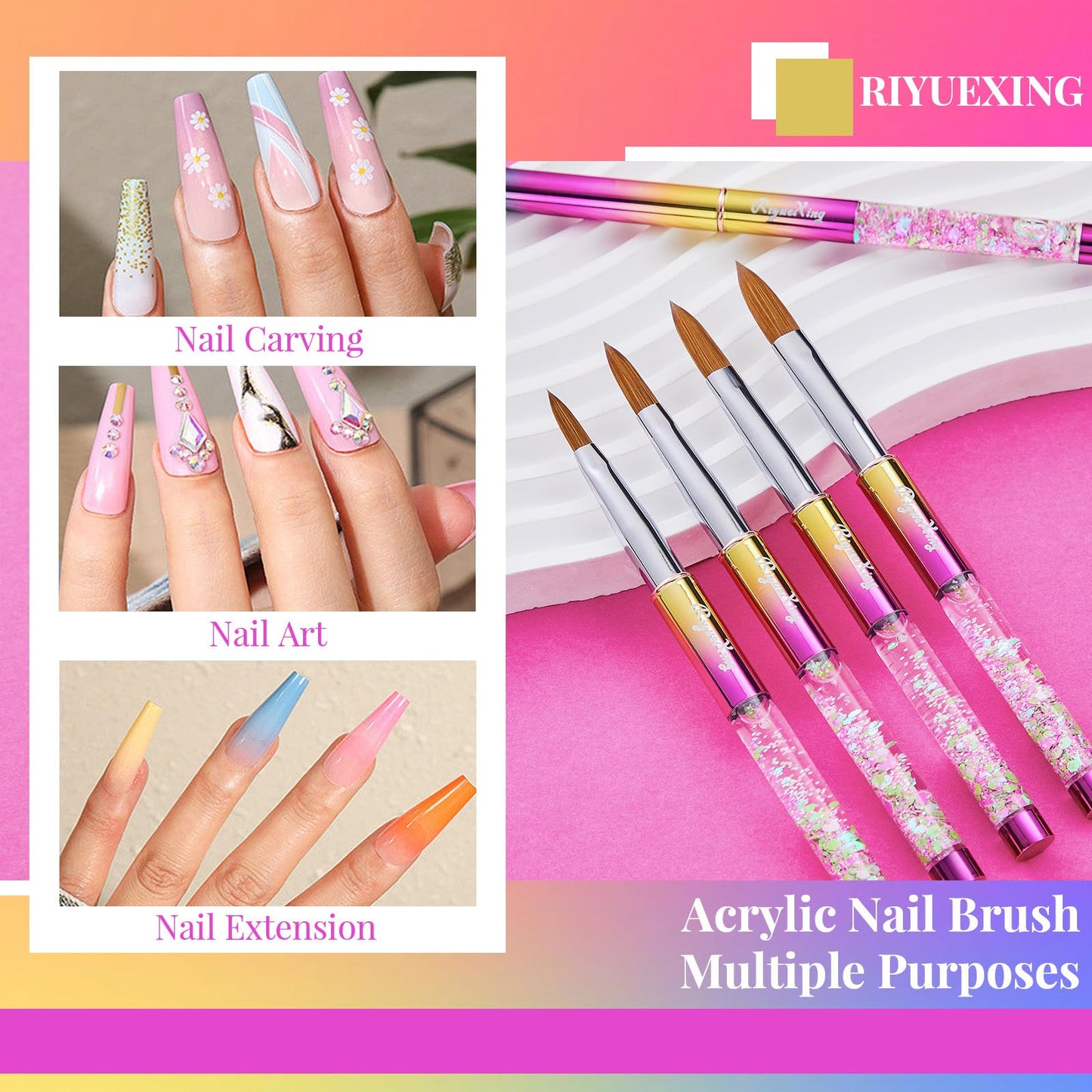 5PCS Acrylic Nail Brush Set, 6/8/12/14/16. Kolinsky Nail Art Brushes for Acrylic Application, Sturdy Handle Oval Shaped Acrylic Powder Nail Design Tools for Professional Manicure DIY Home