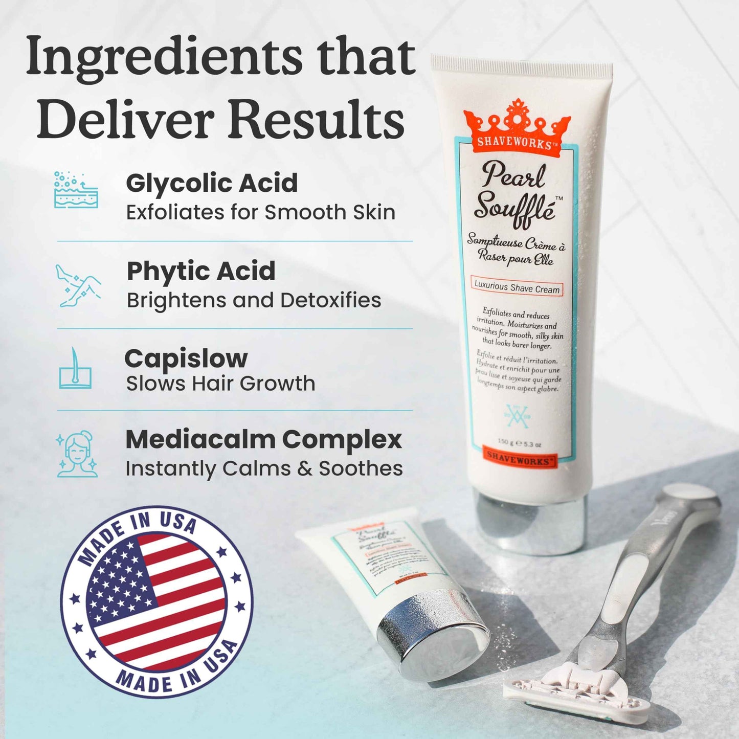 Shaveworks Pearl Soufflé Shaving Cream for Women – Soothing, Hydrating Shave Lotion for Legs, Underarms, Bikini Area – Reduces Irritation, Slows Future Hair Growth 5.3 Fl Oz