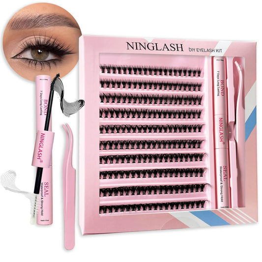 Lash Clusters with 7 Days Long Lasting Bond and Seal Lash Extension Kit 200 Pcs 8-16mm D Curl Wispy Eyelash Extension Kit at Home Lash Tweezers for Lash Clusters