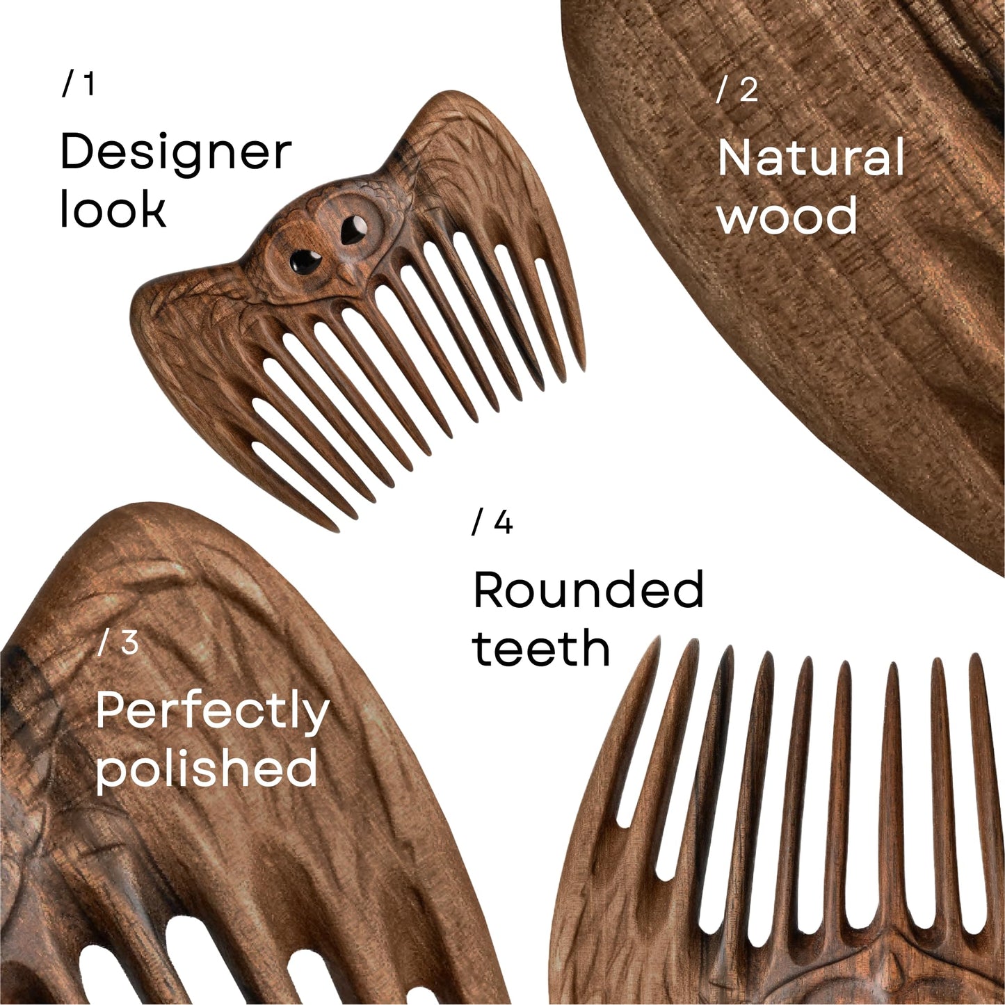 Handmade Wooden Hair Comb for Women - Natural Wood Hair Care, Scalp Massager, Eco-Friendly Perfect for use with Balms and Ois Smart Owl (Walnut Owl)