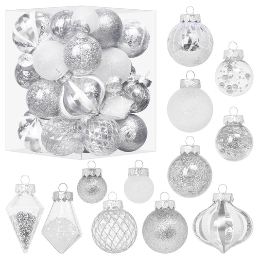 MoonXmas Christmas Ball Ornaments Set, 34PCS Clear Plastic Shatterproof Christmas Ornaments for Xmas Tree Hanging Decorations, for Indoor Home Thanksgiving Party Decor - Silver/White.