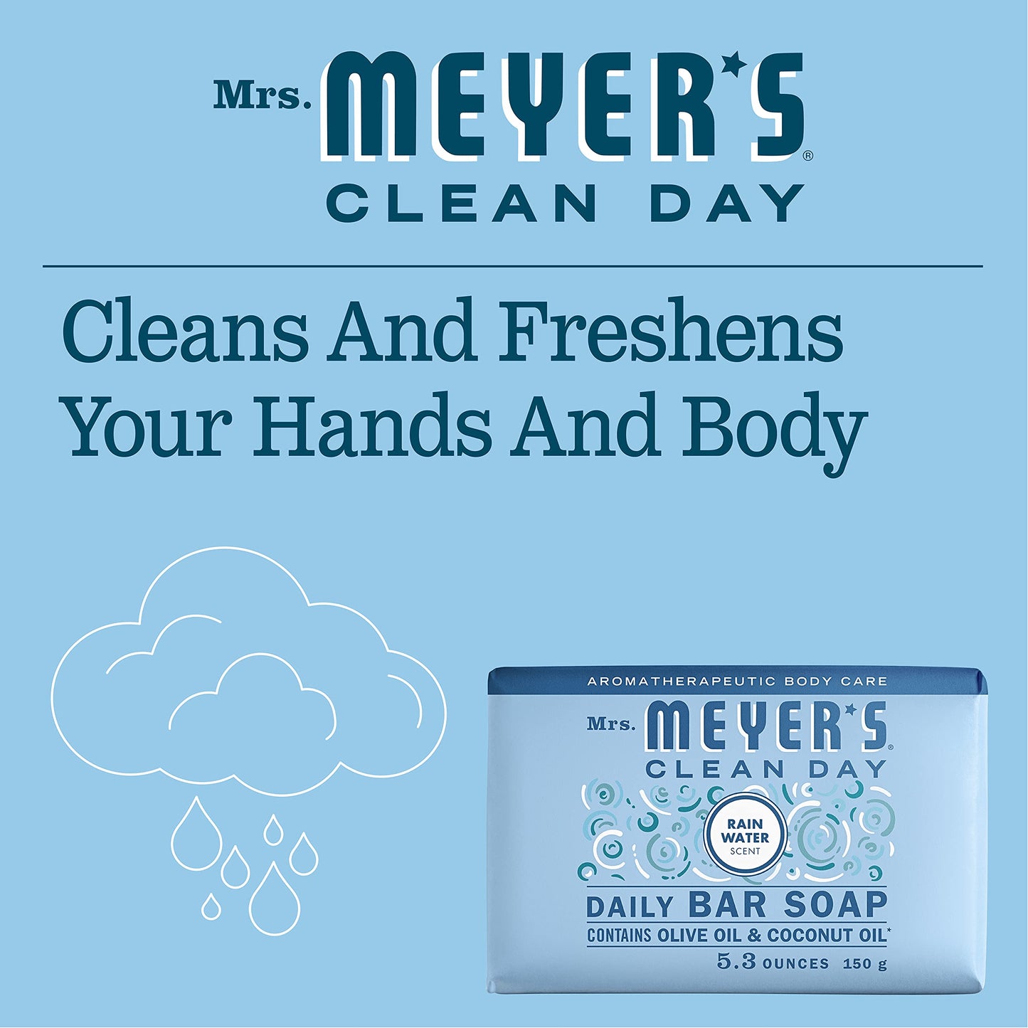 MRS. MEYER'S CLEAN DAY Bar Soap, Use as Body Wash or Hand Soap, Made with Essential Oils, Rain Water, 5.3 oz, 4 Bars