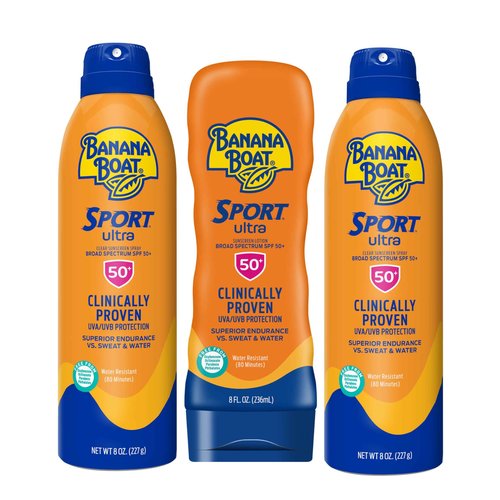 Banana Boat Sport Ultra SPF 50 Sunscreen Triple Pack | Includes 2 Sunscreen Sprays & 1 Lotion SPF 50, Sunblock, Water Resistant, Oxybenzone-Free, 8oz each (Pack of 3)