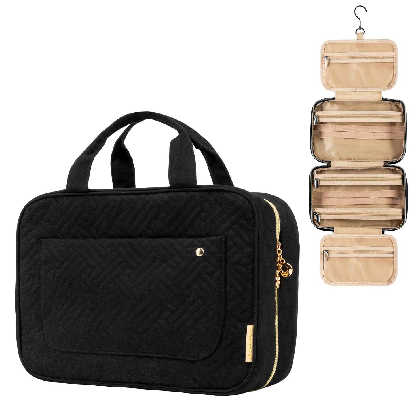 Carrywell |Not Made In China| Hanging Toiletry Travel Bag For Women, Makeup Organizer Case, Water-Resistant Cosmetic Bag For Full-size Containers, Toiletries (Black, Large)