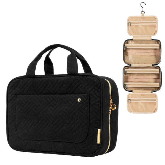 Carrywell |Not Made In China| Hanging Toiletry Travel Bag For Women, Makeup Organizer Case, Water-Resistant Cosmetic Bag For Full-size Containers, Toiletries (Black, Large)