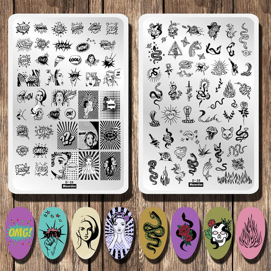 2pcs Mix Abstract Face Various Snake Series Nail Stamping Plates Beauty Girl Letter Word Image 14.5×9.5cm Nail Stamping Art Stencil Big Size Flower Fire Skull Full Cover Nail Art Stamp Templates Tools