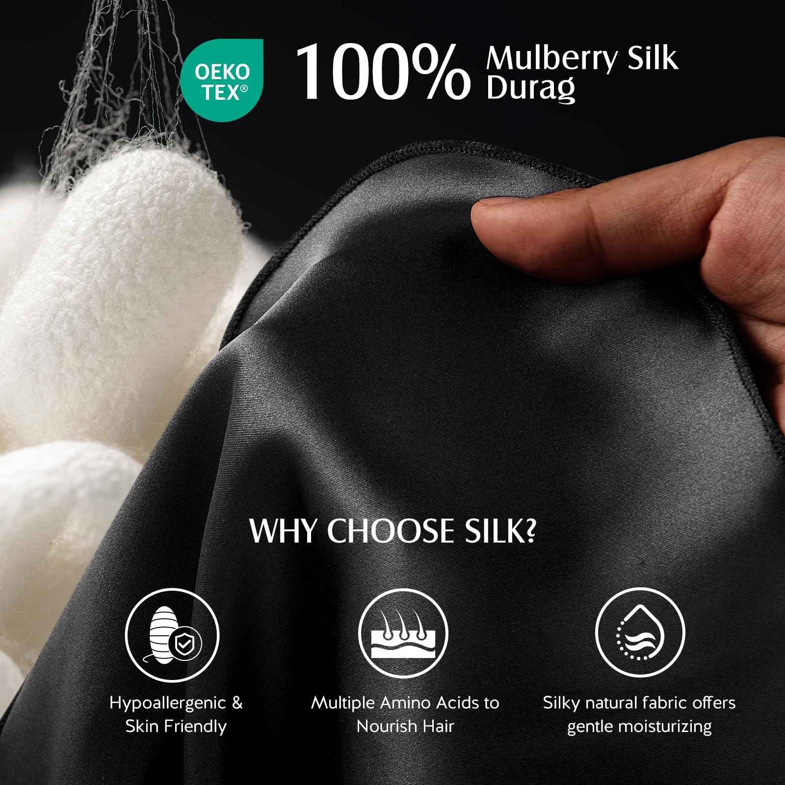 YFONG 100% Mulberry Silk Durag for Men & Women, 22 Momme Silky Durag for Hair Care, Soft and Breathable Do rag for Comfortable Wear, Perfect for Fashion Styling, 1Pc, Black