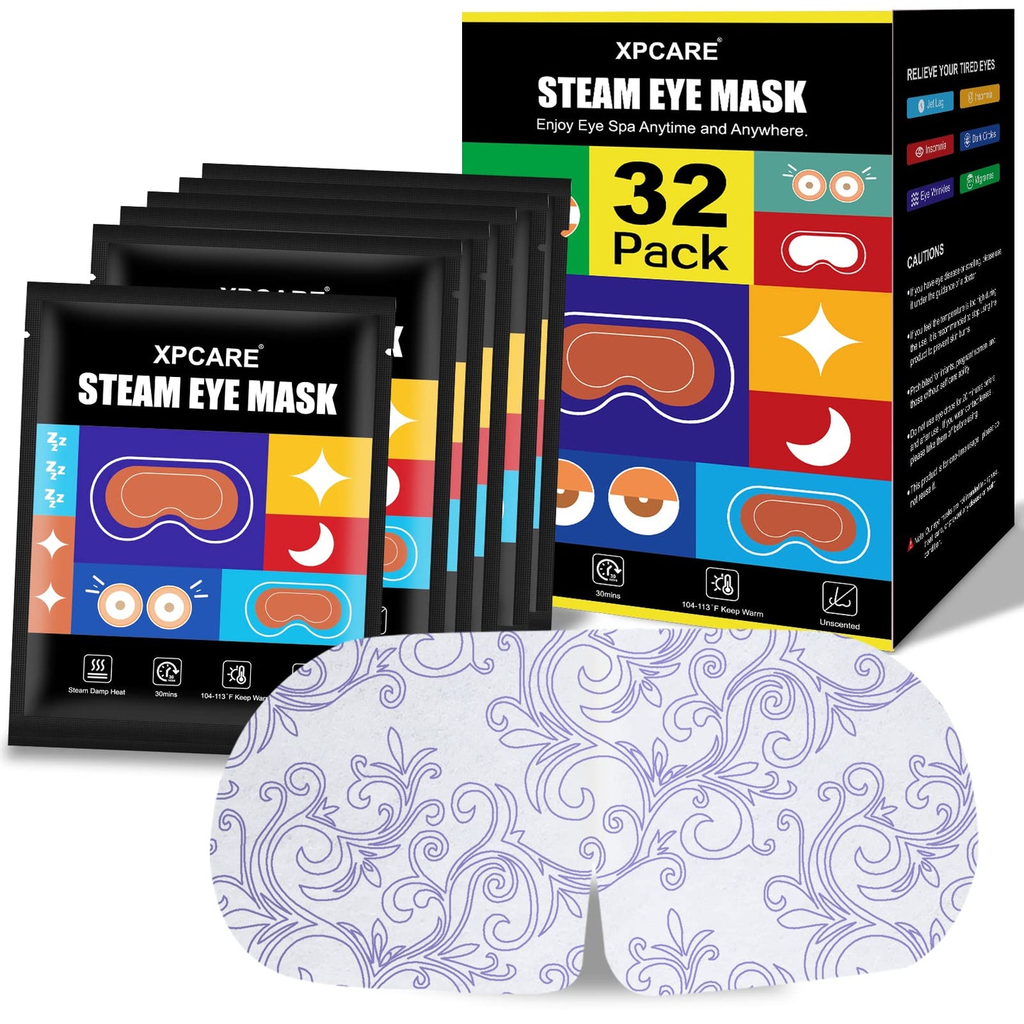 XPCARE 32 Pack Steam Eye Masks for Dry Eyes, SPA Warm Sleep Eye Mask, Disposable Heated Eye Mask for Dark Circles, Puffy Eyes, Relief Stress Eye Fatigue(Unscented)