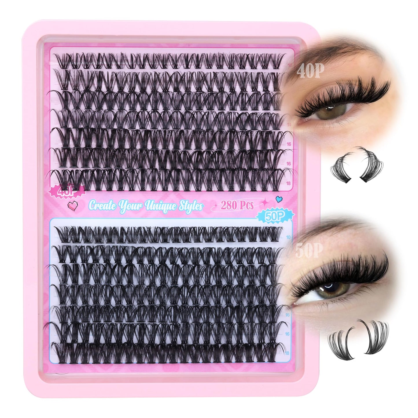 ALICE Eyelash Extensions Lash Clusters 280pcs 10-18MM Wispy Individual Lashes Natural 40D 50D D Curl Cluster Eyelashes Lash Extensions Self Application at Home