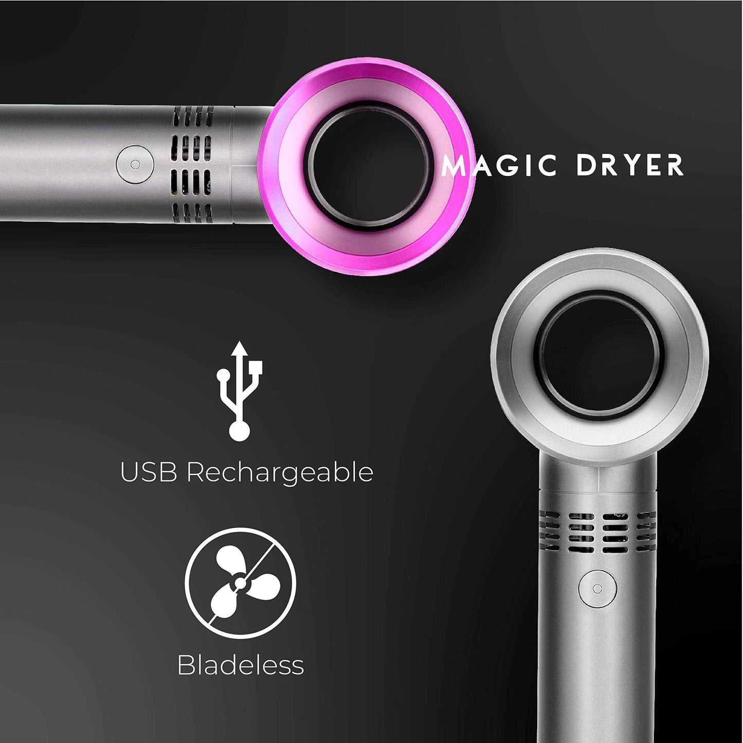 Lyon Lash Portable USB Rechargeable Bladeless Mini Fan/Air Conditioning Blower/Handheld Cooling Dryer, Essential Eyelash Extension Supplies, Dries Glue/Adhesive Rapidly (Nickel/Fuchsia Pink)