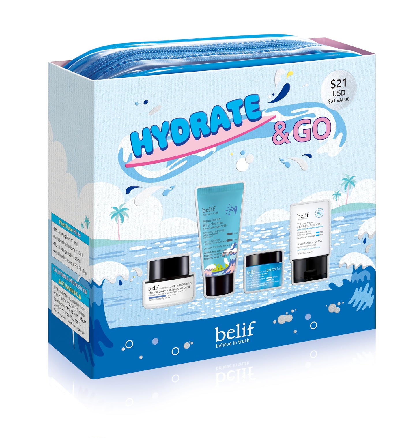 belif Hydrate & Go Kit, Korean Skincare Set with Face Cleanser, Moisturizer, Eye Cream & Sunscreen, Daily Hydration, Gift Set, Antioxidant Packed Moisturizing Set for All Skin Types, Travel Kit