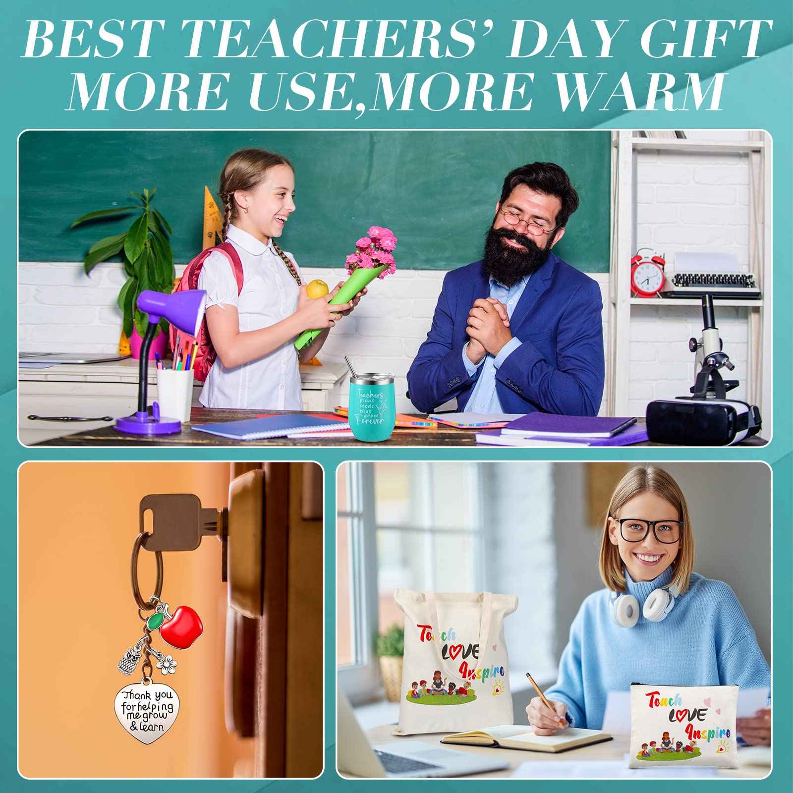 Hillban 4 Pcs Teacher Appreciation Gift for Women 12 oz Teacher Tumbler Tote Bag Makeup Cosmetic Bag Keychain Thank You Gift Set for Christmas Birthday(Classic Style)