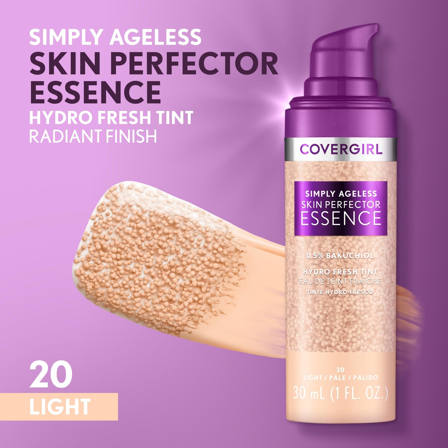 Covergirl Simply Ageless Skin Perfector Essence Foundation, 20 Light, Tinted Skin Perfector, Skincare Makeup Hybrid, Sheer Tint, Radiant Finish, Skin-Like Finish, Vegan Formula, 1.0oz