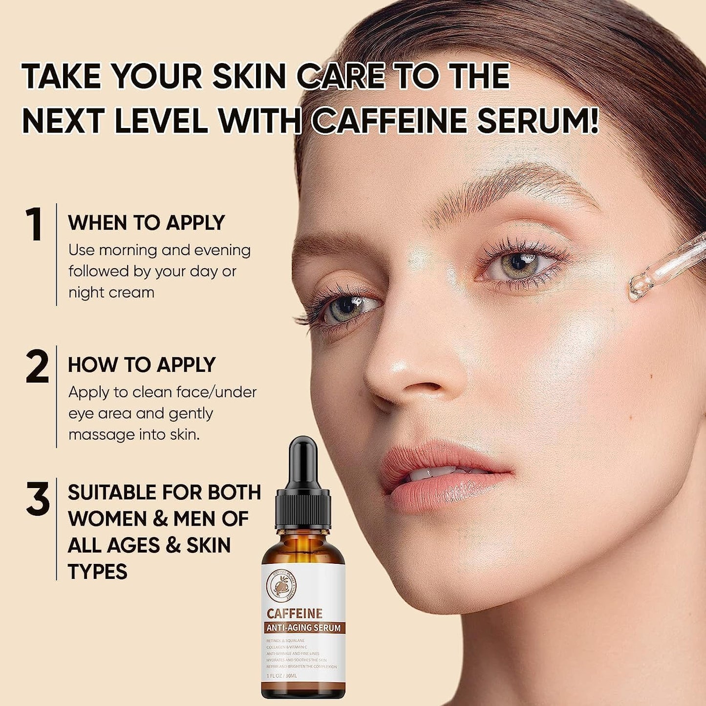 Caffeine Face Serum & Under Eye Serum, Anti-Aging Face Serum with Vitamin C, Collagen, Hyaluronic Acid, Firming & Hydrating & Brightening Face Serum Reduce Wrinkles, Fine Lines and Dark Spot - 30ml