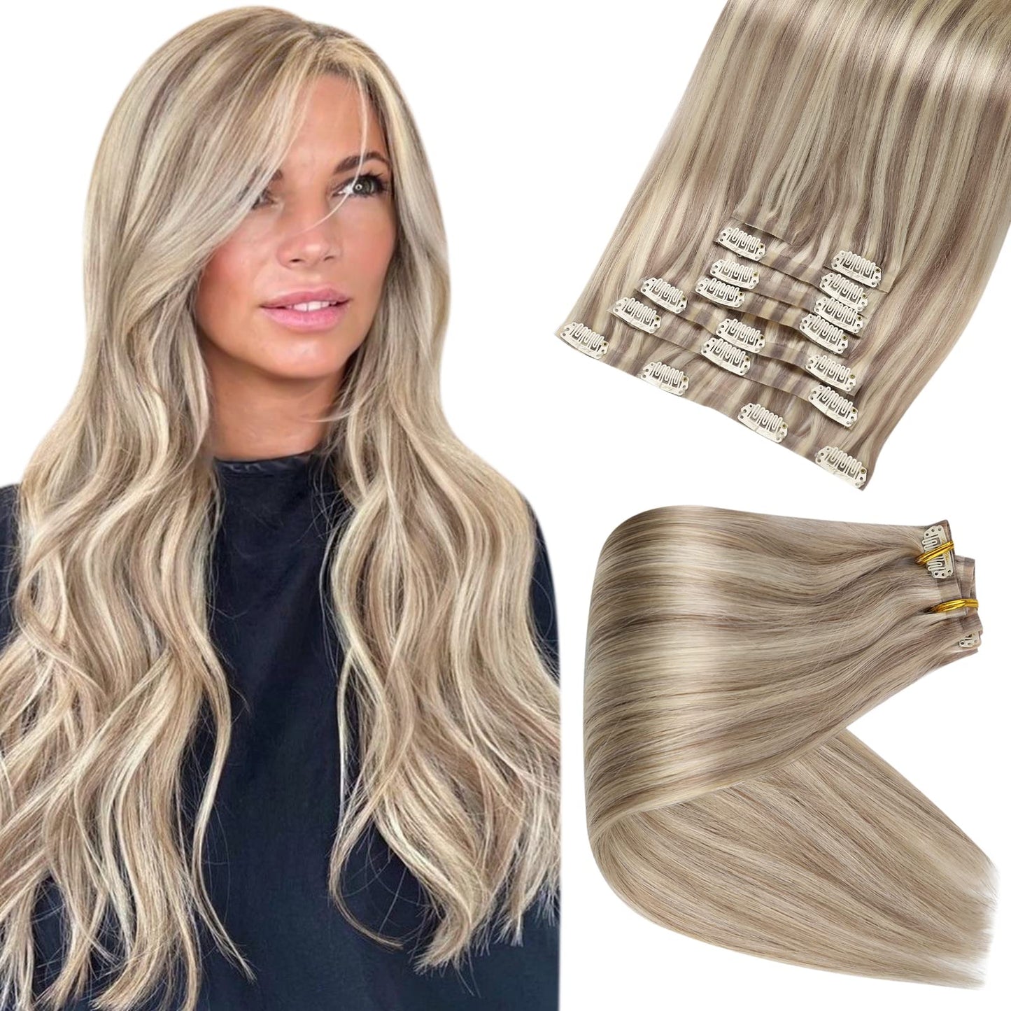 Full Shine Hair Extensions Real Human Hair Clip ins Blonde Highlight Seamless Clip in Human Hair Extensions 18 Inch 8 Pcs PU Clip in Extensions Skin Weft Clip in Hair Extensions 120 Grams