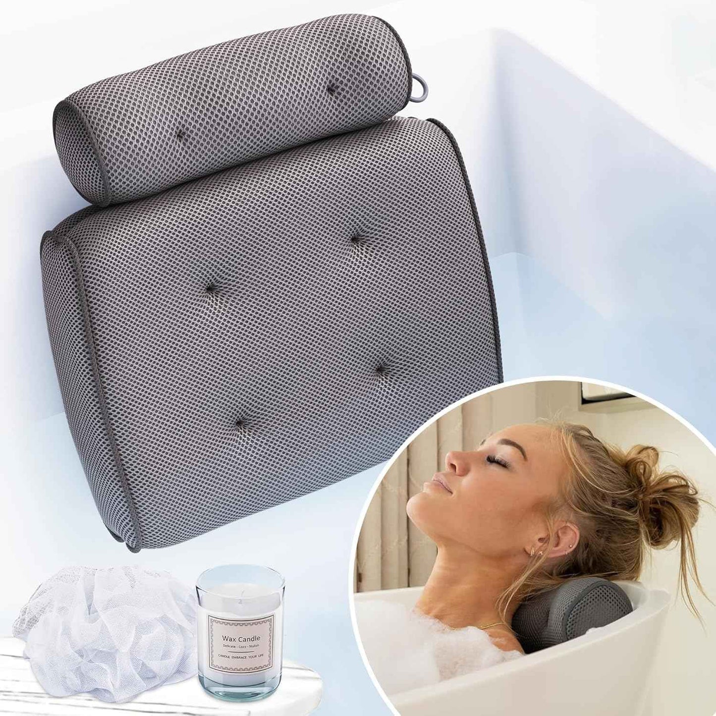 SunSerenity Luxury Bath Pillow for Tub - Relaxing Bath Tub Accessory – Bath Tub Pillow for Head and Back, Unscented Candle, Sponge Loofah, Laundry Bag, & Suction Tool – Grey on Grey
