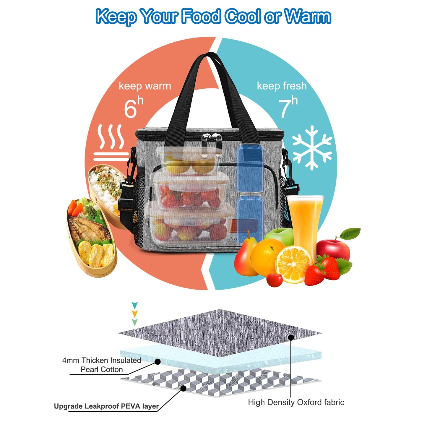 Femuar Lunch Bags for Women/Men, Insulated Lunch Bag for Work Office Picnic - Lunch Cooler Bag Leakproof Lunch Box with Adjustable Shoulder Strap - Grey(8.7L)