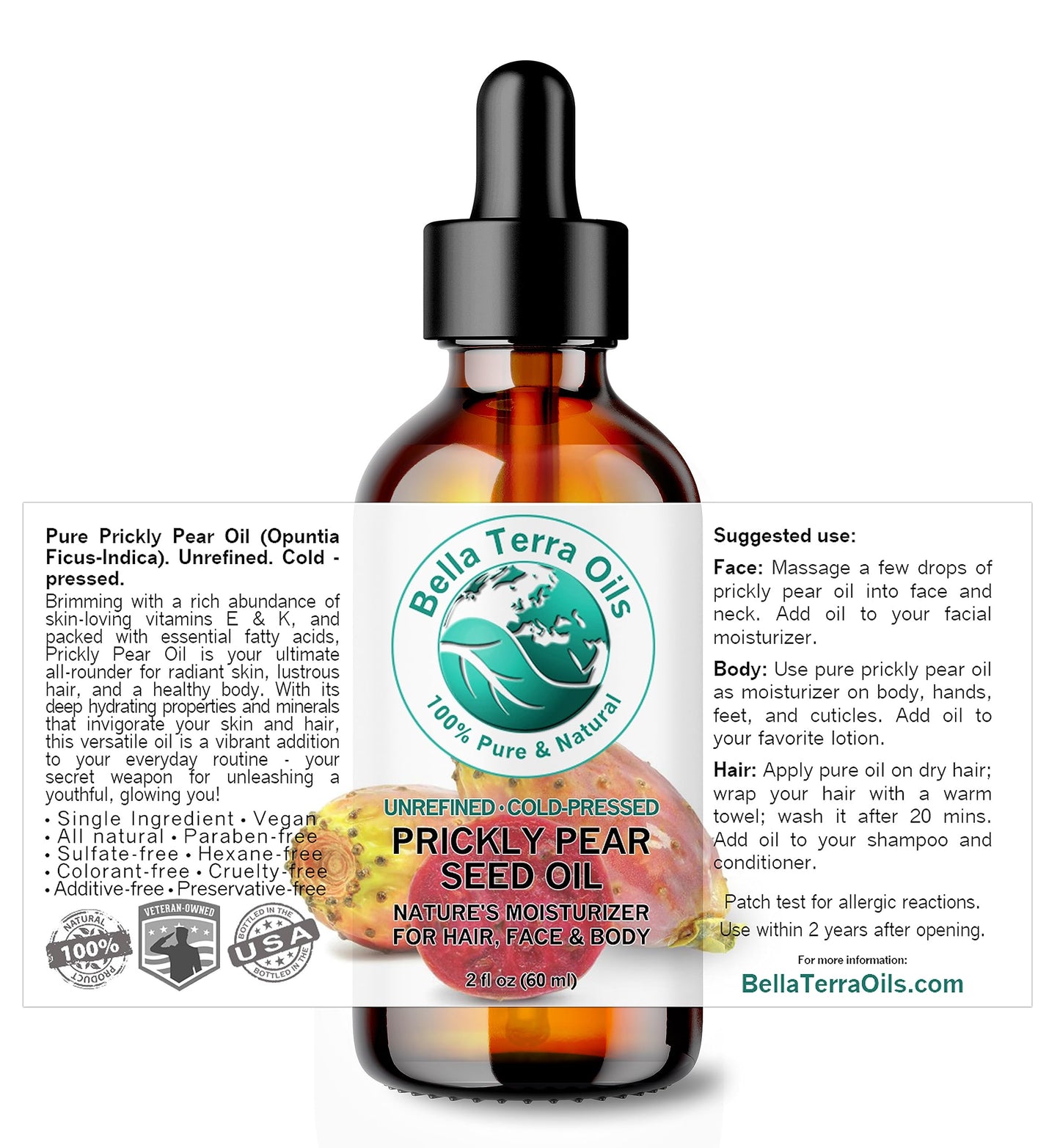 Bella Terra Oils - Prickly Pear Seed Oil 2 oz - Cold-Pressed Excellence, Packed with Vitamin E, Linoleic Acid, and Betalains, A Luxurious Touch for the Face