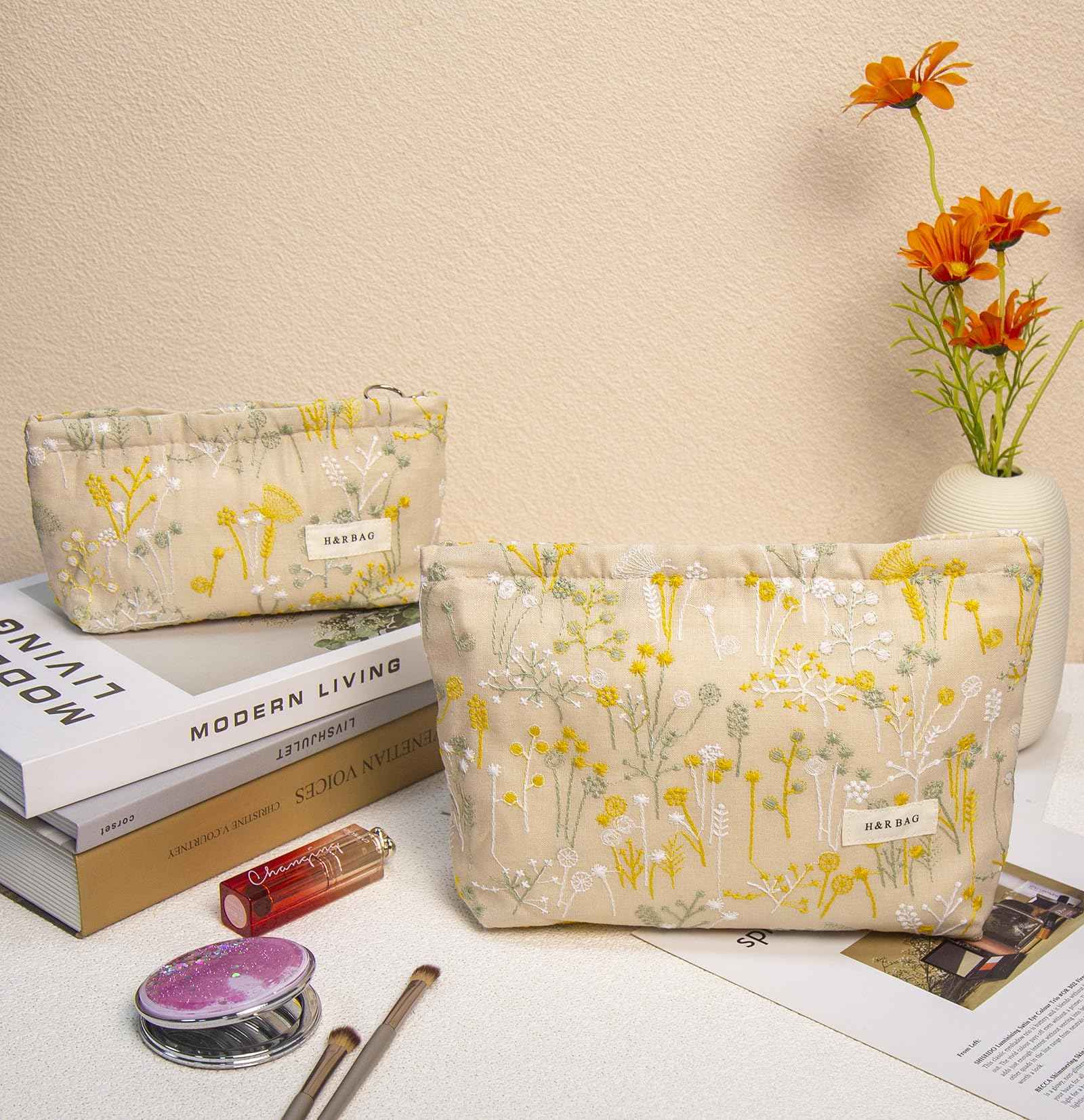 getgto 2 Pcs Makeup Bags, Large Cosmetic Bag Travel Toiletry Bag Organizer for Women, Embroidery Craft, Floral Makeup Bag Small Cosmetic Pouch Purse with Zipper Gifts for Girls Teen