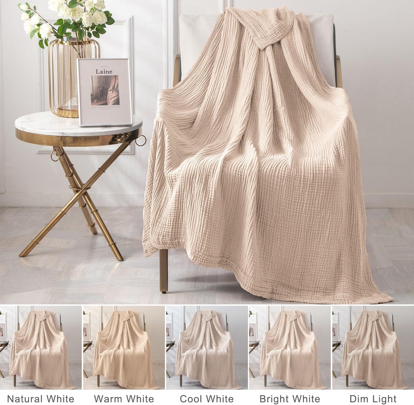 EMME Cotton Throw Blanket Large 50"x70" 100% Muslin for Couch Breathable Gauze All Season Soft and Lightweight Pre-Washed (Light Tan)