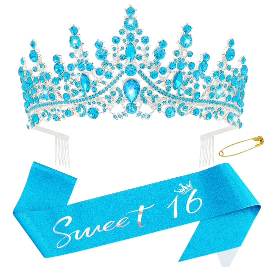 Canitor Sweet 16 Birthday Sashes and Tiaras for Girls 16th Crowns and Sash for Women 16th Birthday Party Decorations Birthday Gifts Party Supplies (blue)