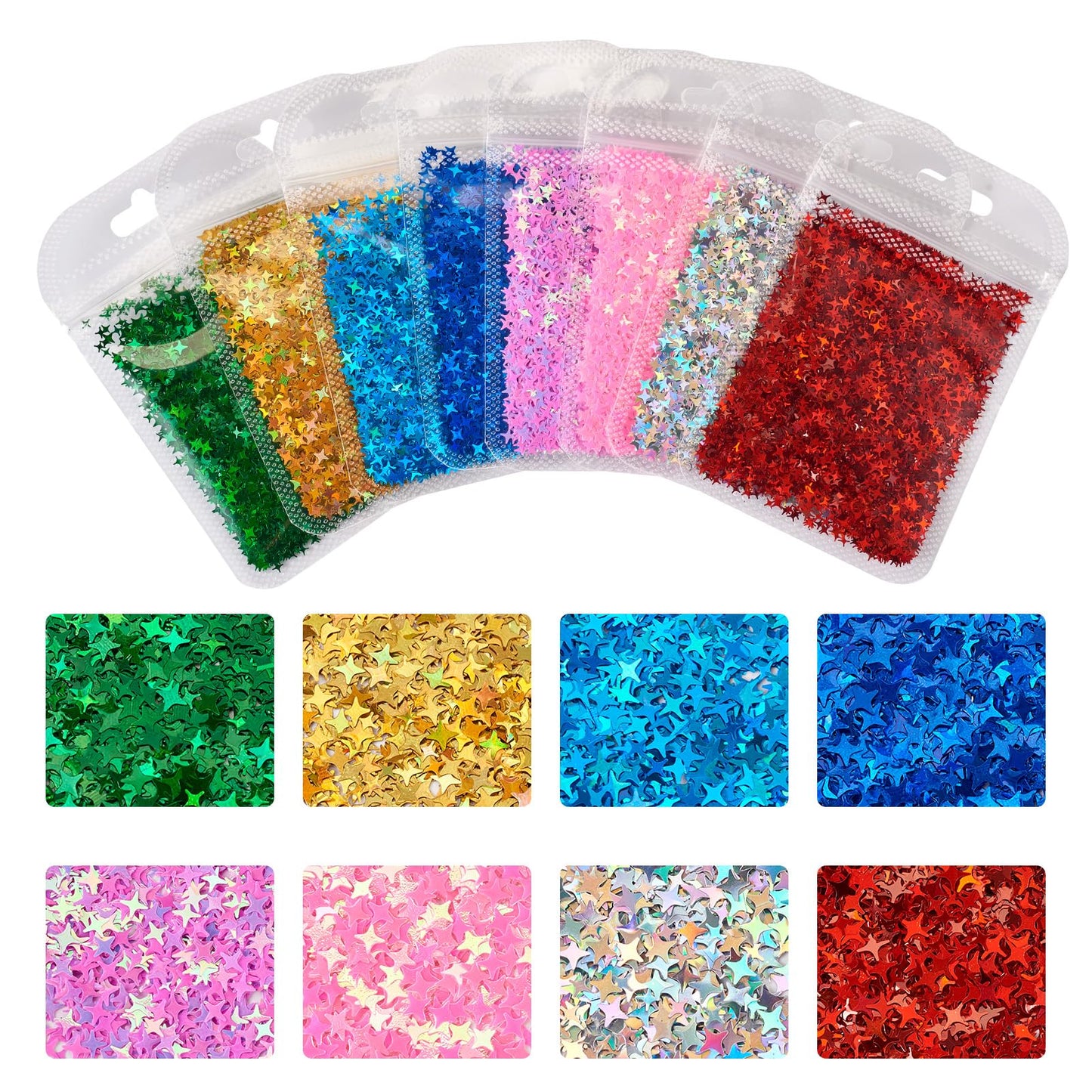 Cheriswelry 8 Bag Star Nail Art Glitter Sequins Nail Glitter Sequins Nail Flakes Designs Manicure Decorations Iridescent Glitter Flakes 2.5~4mm for Women Girls Nails Design