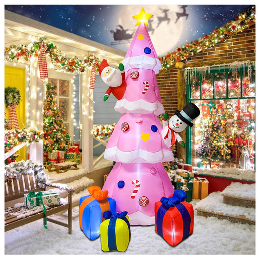 9FT Inflatable Christmas Tree, Pink Christmas Tree with Santa Claus & Snowman, Gift Box, Christmas Inflatable Blow Up Yard Decorations with Built-in LED Lights for Xmas Holiday Party Yard Garden Decor