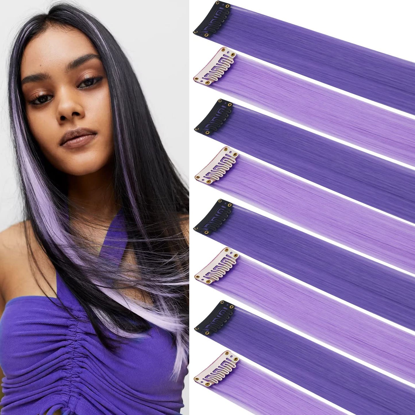 SARARHY Colored Hair Extensions 21 inch Multicolors Party Highlights Straight Hair Extension Clip In/On For girls and Women Costume Wig Pieces 16 PCS (Lavender Light purple)