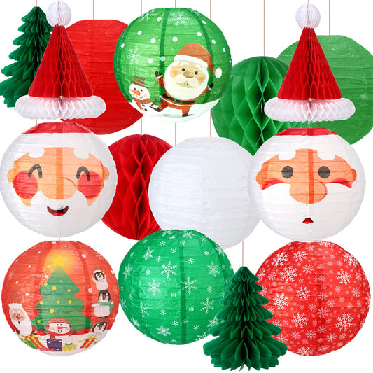 Spiareal 17 Pcs Christmas Party Hanging Paper Lanterns Decorations Set for Santa Claus Paper Lantern Santa Hat Christmas Trees Honeycomb Balls Hanging Party Lanterns for Christmas Decoration Favor