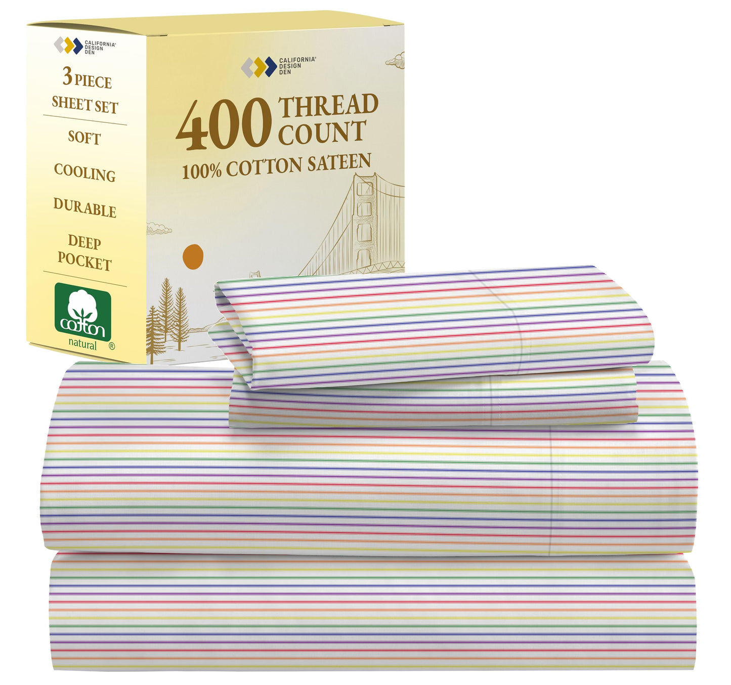 California Design Den Rainbow Stripe Twin Sheets Set, 100% Cotton Sheets, Luxury 400 Thread Count Sateen (Rainbow Striped Sheets)