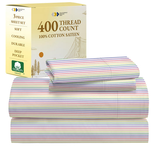 California Design Den Rainbow Stripe Twin Sheets Set, 100% Cotton Sheets, Luxury 400 Thread Count Sateen (Rainbow Striped Sheets)