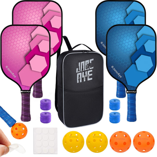 JoncAye Pickleball Set of 4 Paddles and Balls w/Case | USAPA Approved Pickleball Rackets with Lead Tape, Ball Retriever | Pickleball Equipment with Accessories for Men, Women, Adults, Kids