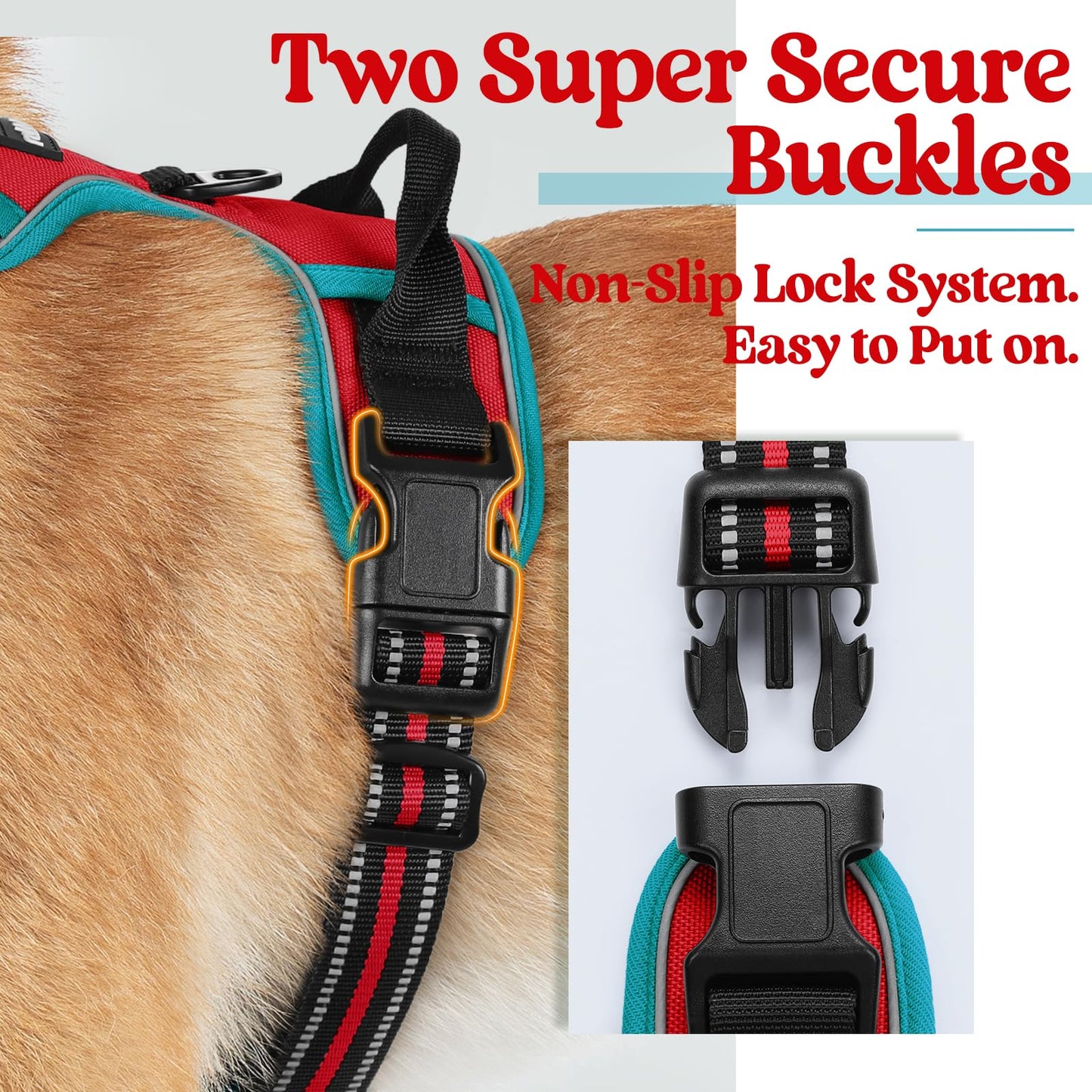 rabbitgoo Dog Harness, No-Pull Pet Harness with 2 Leash Clips, Adjustable Soft Padded Dog Vest, Reflective No-Choke Pet Oxford Vest with Easy Control Handle for Large Dogs, Red & Teal, X-Small