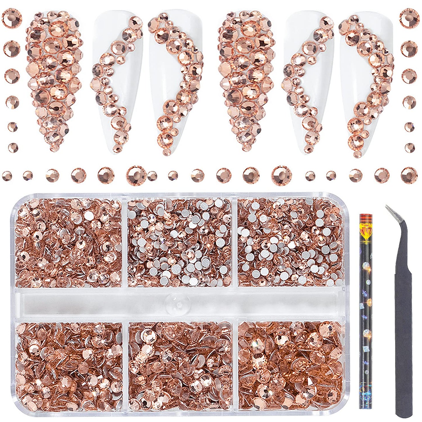 6Grids 3000Pcs Flatback Rhinestones, Champagne Color Nail Gems Crystals Jewels, Craft Glass Diamonds Stones Bling Rhinestone with Tweezers and Picking Pen for Nail Face Makeup(1.8mm~4mm Crystal)