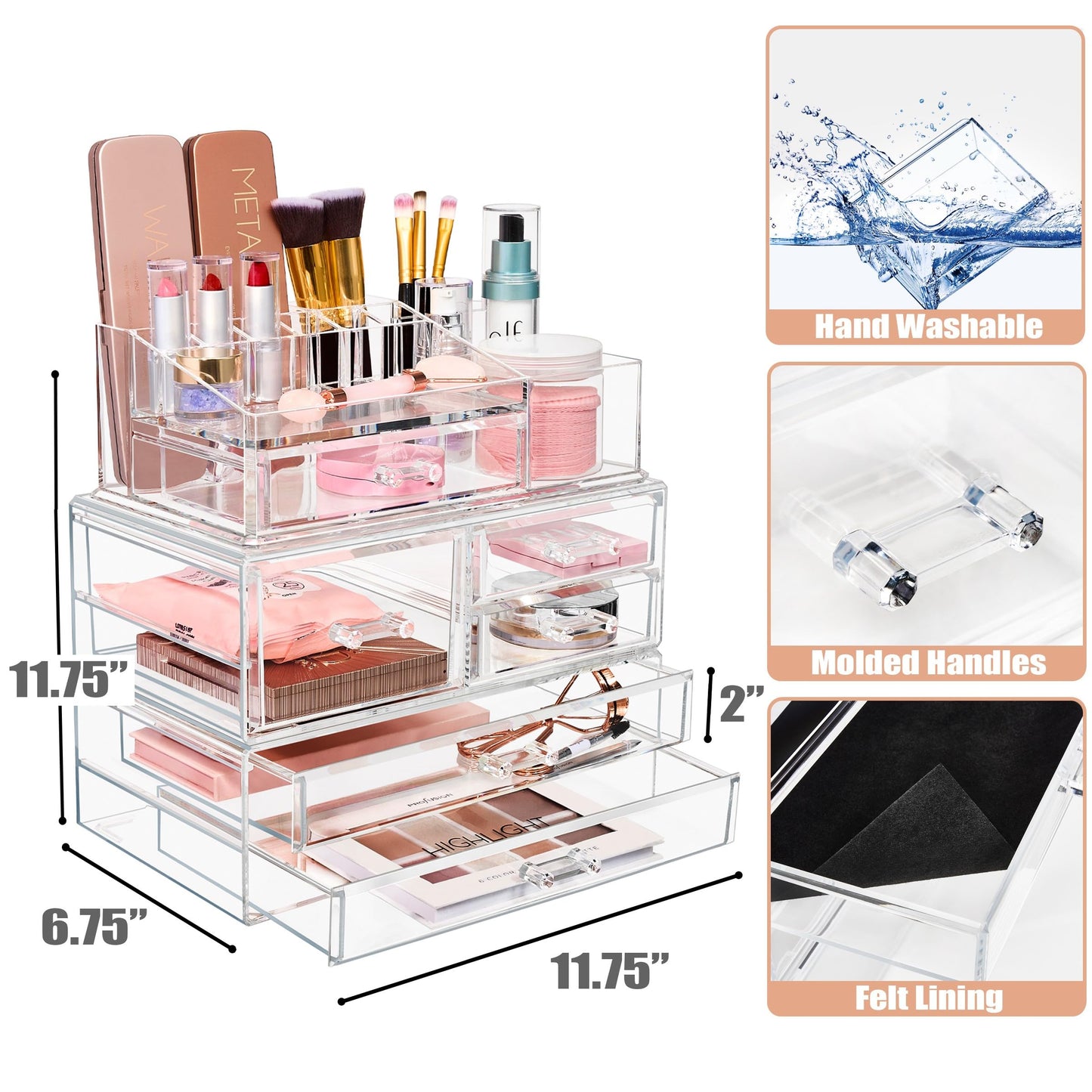 Sorbus Huge Acrylic Makeup Organizer - Extra Large Makeup Case & Display - Stackable 3 Piece Cosmetic Organizers and Storage Set with Acrylic Drawers - Great Vanity, Dresser & Bathroom Organizer