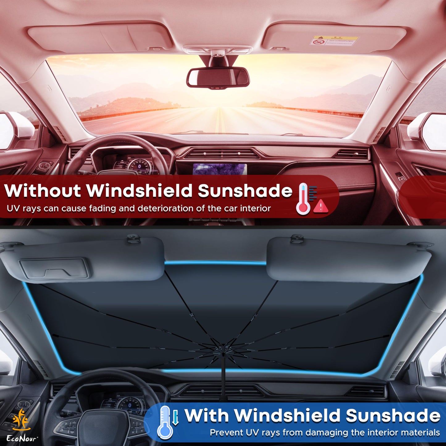 EcoNour Car Windshield Sun Shade - Umbrella Car Sun Shade, Foldable Car Windshield Cover, Protect Interior from UV & Keep Car Cooler, Easy to Store and Use for Auto Sedan, SUV, Trucks (57 x 31 inches)