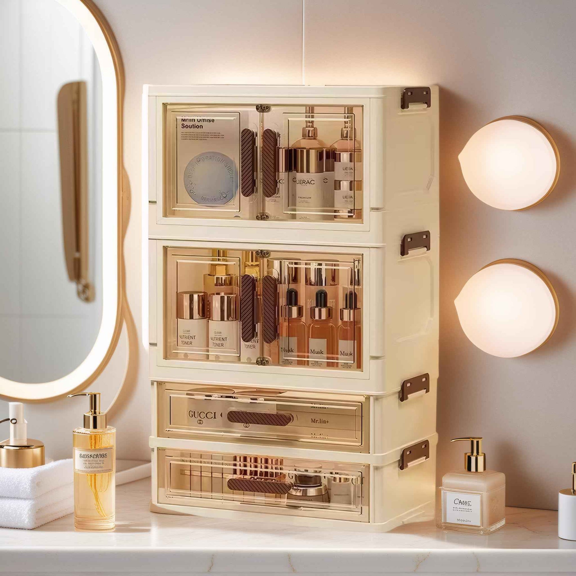 A stackable desktop organizer with drawers and compartments, ideal for storing cosmetics, beauty tools, jewelry, and school supplies in a student dorm. Features a convenient magnetic door handle.