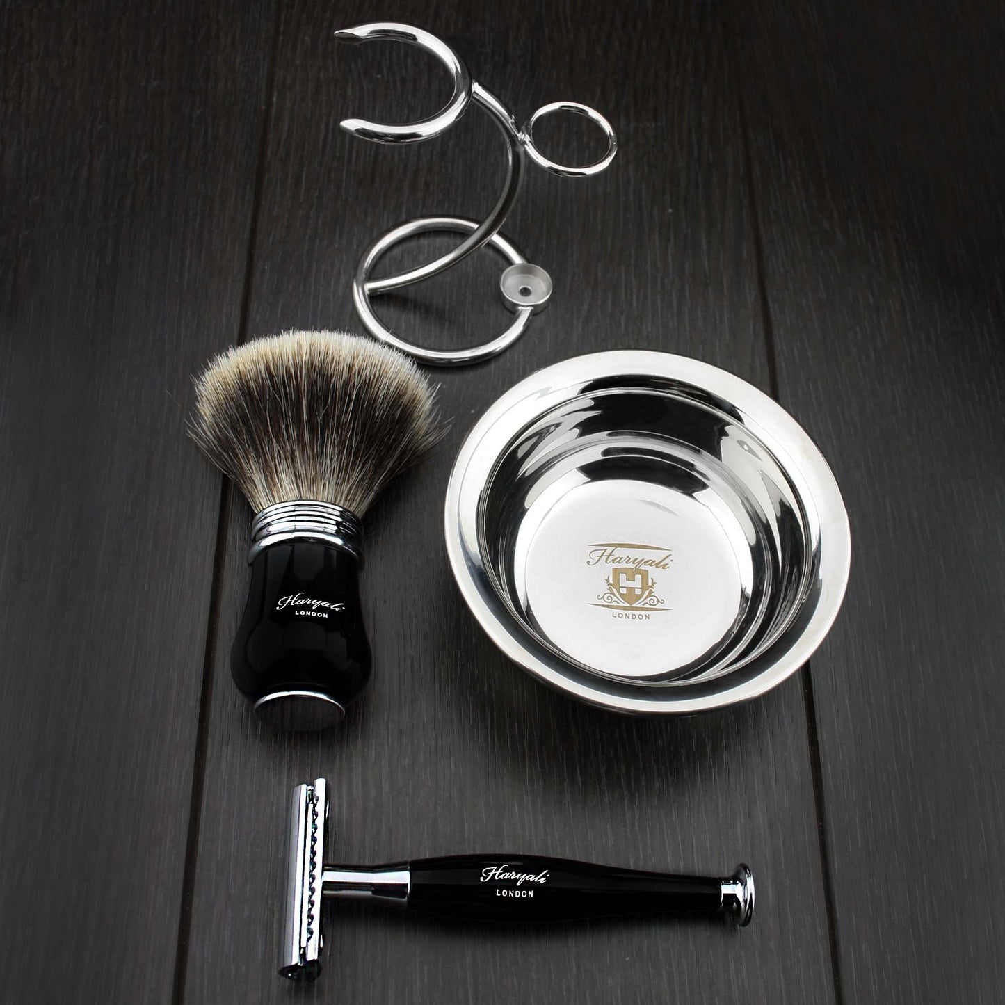 Ready to Use 4 Pcs Men's Shaving Set with Double Edge Safety Razor, Sliver Tip Badger Hair Brush, Stand and Steel Soap Bowl