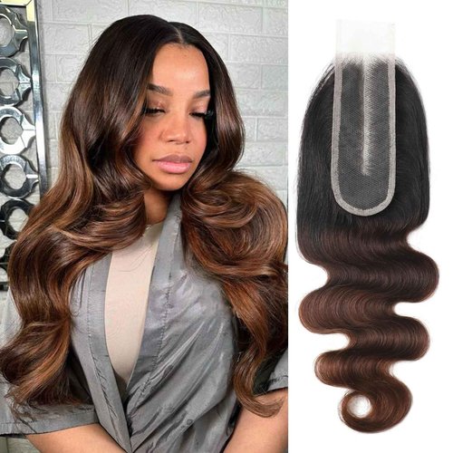 DSEKCAIN 2x6 HD Lace Closure T1B/2/30 Chestnut Brown Ombre Body Wave 2x6 Transparent Lace Closure 3 Tone Ombre Medium Auburn Colored 100% Virgin Human Hair 150% Density 14 Inch